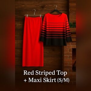Josephine Chaus Red and Black Striped Top (S) and Maxi Skirt (M) 2 Pc Set